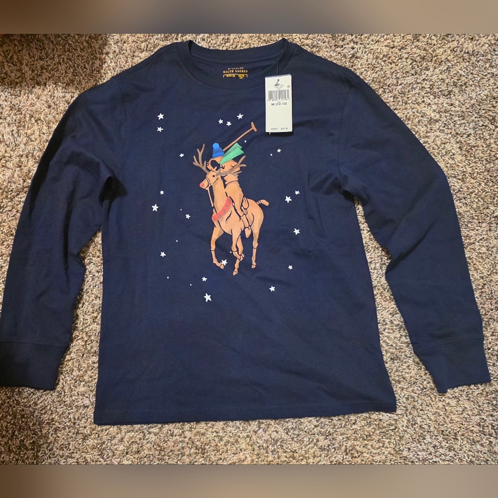 Boys Polo Ralph Lauren Navy Blue Long Sleeve Reindeer Christmas Shirt